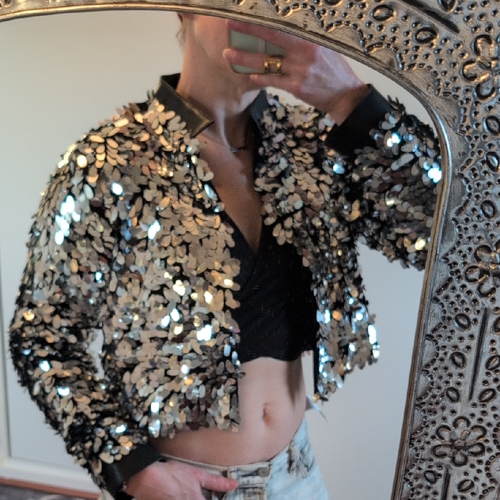 Forever 21 Silver Sequin Cropped Bomber Jacket - Picture 2 of 4